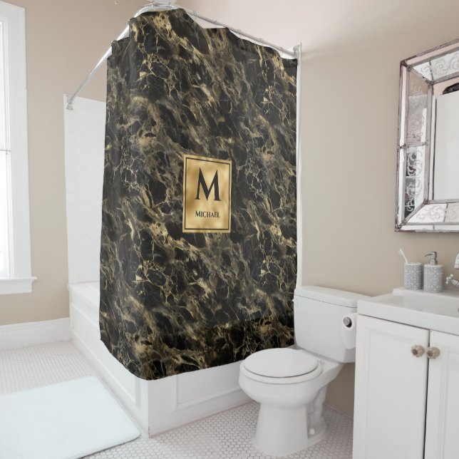 Rideaux De Douche Monogramme en marbre noir et or Elégant luxe (En situation)