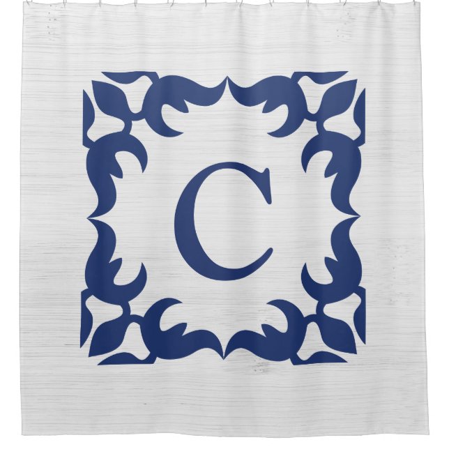 Rideaux De Douche Monogramme encadré en Filigree en bleu marine (Devant)