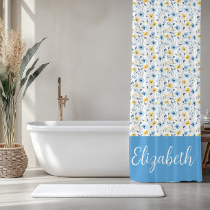 Rideaux De Douche Monogramme Fleur Sauvage Aquarelle Bleu Jaune