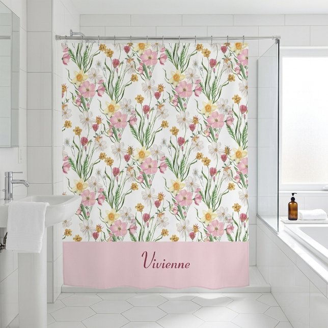 Rideaux De Douche Monogramme Fleur Sauvage Aquarelle Rose Vert (Pink Green Watercolor Wildflower Monogram Shower Curtain)