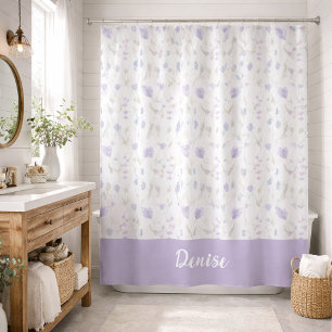Rideaux De Douche Monogramme Fleur Sauvage Aquarelle Violet Bleu