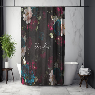 Rideaux De Douche Monogramme Floral Élégant Turquoise Rouge Foncé