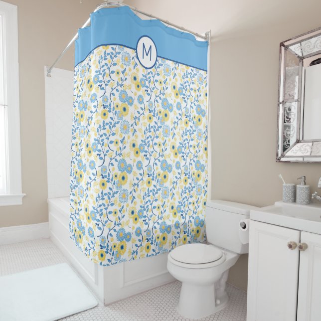 Rideaux De Douche Monogramme floral jaune bleu de bleuet (En situation)