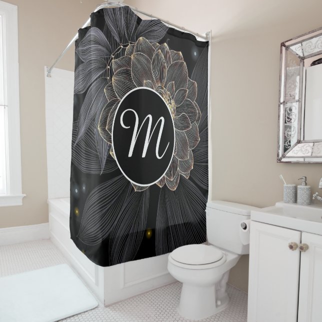 Rideaux De Douche Monogramme floral noir Personnaliser (En situation)