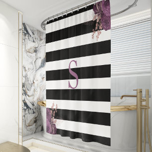 Rideaux De Douche Monogramme floral or rose mauve rayure noir et bla