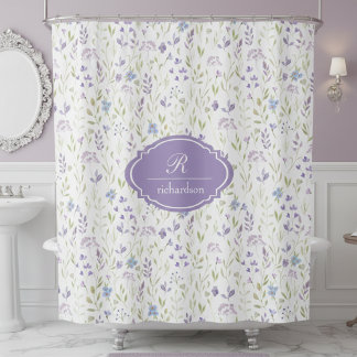 Rideaux De Douche Monogramme floral personnalisé violet