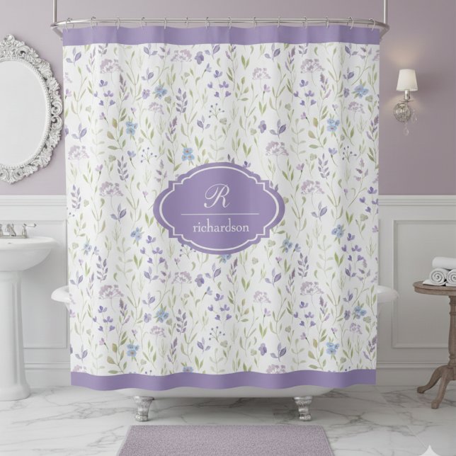 Rideaux De Douche Monogramme floral personnalisé violet (elegant classic personalized purple wildflower lavender garden shower curtain with custom monogram)