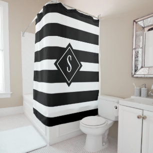 Rideaux De Douche Monogramme initial des rayures noires et blanches 