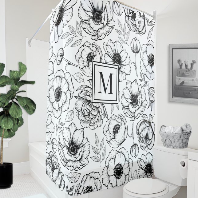 Rideaux De Douche Monogramme initial floral blanc noir (Black White Floral Initial Monogram Shower Curtain)