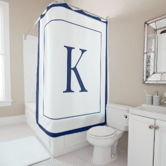 Rideaux De Douche monogramme initiale bleu marine et blanc moderne