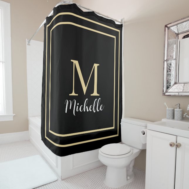 Rideaux De Douche Monogramme Initiales Or Noir Blanc Nom personnalis (En situation)