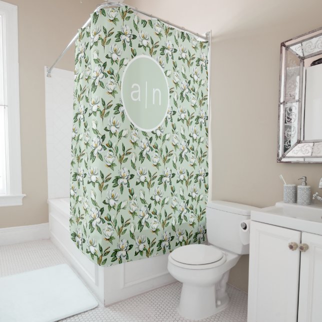Rideaux De Douche Monogramme moderne blanc Magnolia (En situation)