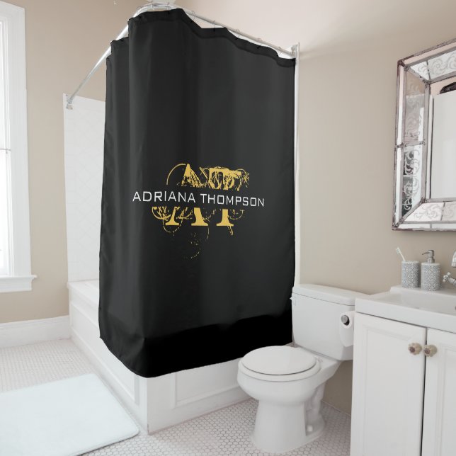 Rideaux De Douche Monogramme moderne en noir et or (En situation)