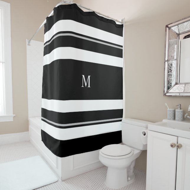Rideaux De Douche Monogramme moderne Gras Noir Blancs (En situation)