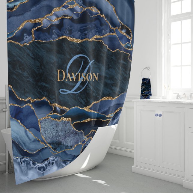 Rideaux De Douche Monogramme moderne Marine Blue Gold Agate (Créateur téléchargé)