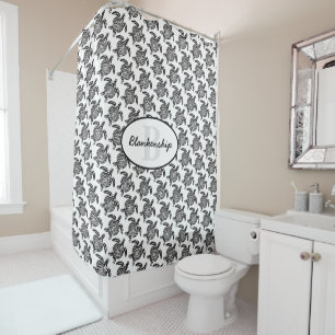 Rideaux De Douche Monogramme Motif de tortue tribale noire sur blanc