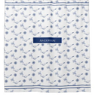 Rideaux De Douche Monogramme nautique Baleines et poulpe marine Blan