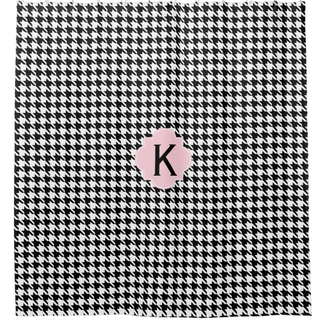 Rideaux De Douche Monogramme Noir, Blanc et Pastel Rose Houndstooth (Devant)