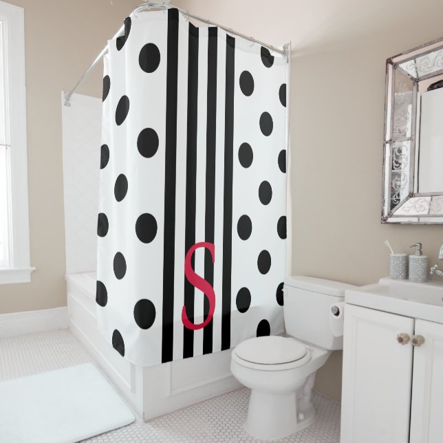 Rideaux De Douche Monogramme Noir Et Blanc Bande Et Pois (En situation)
