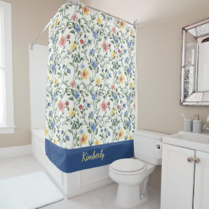 Rideaux De Douche Monogramme Nom Fleur Sauvage Aquarelle Jaune Bleu
