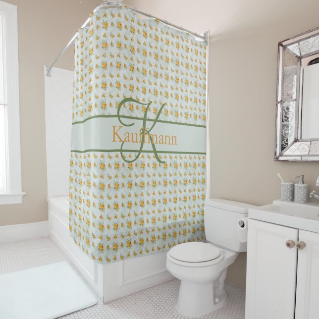 Rideaux De Douche Monogramme Nom Initial Floral Jaune Vert (En situation)