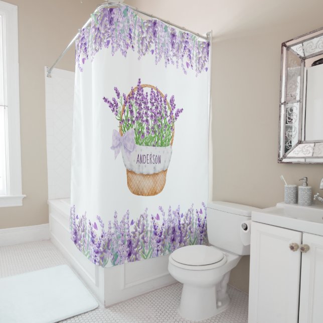 Rideaux De Douche Monogramme Nom Lavande Fleurs Panier Vert pourpre (En situation)