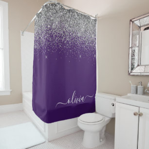 Rideaux De Douche Monogramme Nom Paillettes Argent Violet Fille