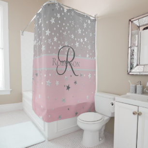 Rideaux De Douche Monogramme Nom Rose Gris Argent Étoiles Tendance