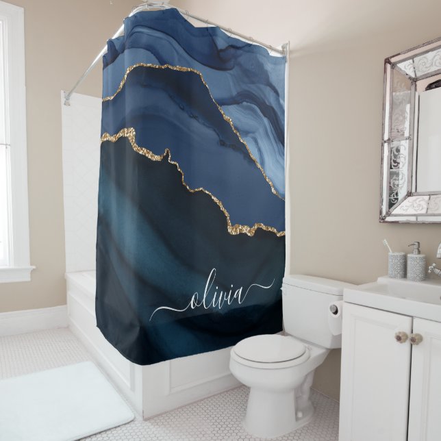 Rideaux De Douche Monogramme Or Géode d'Agate Bleu Marine (En situation)