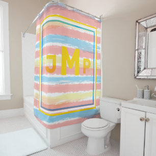 Rideaux De Douche Monogramme Pastel Rose Bleu Jaune Bleu Rayures