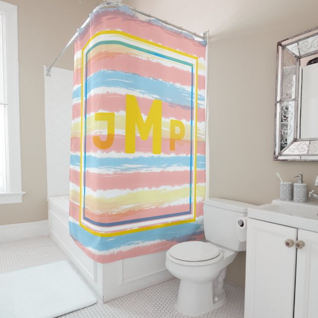 Rideaux De Douche Monogramme Pastel Rose Bleu Jaune Bleu Rayures (En situation)