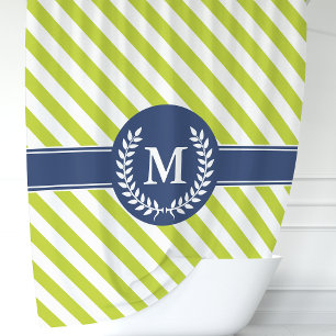 Rideaux De Douche Monogramme personnalisé rayé vert citron et marine