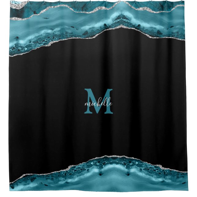 Rideaux De Douche Monogramme personnalisé Turquoise et argenté (Devant)