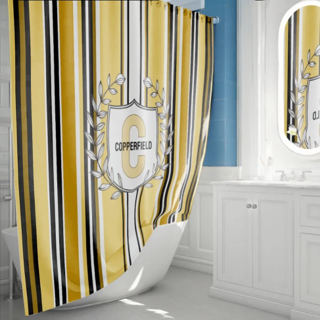 Rideaux De Douche Monogramme Personnalisé Yellow Black Strips (Créateur téléchargé)