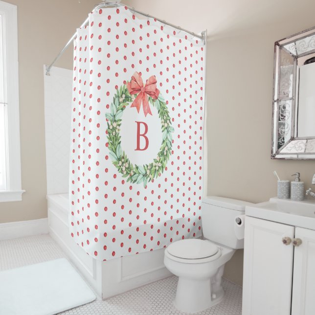 Rideaux De Douche Monogramme Polka rouge point Noël Wreath Douche Cu (En situation)