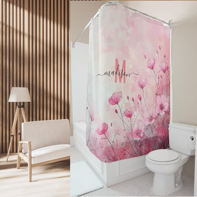 Rideaux De Douche Monogramme rose chic moderne Mariage élégant (Créateur téléchargé)