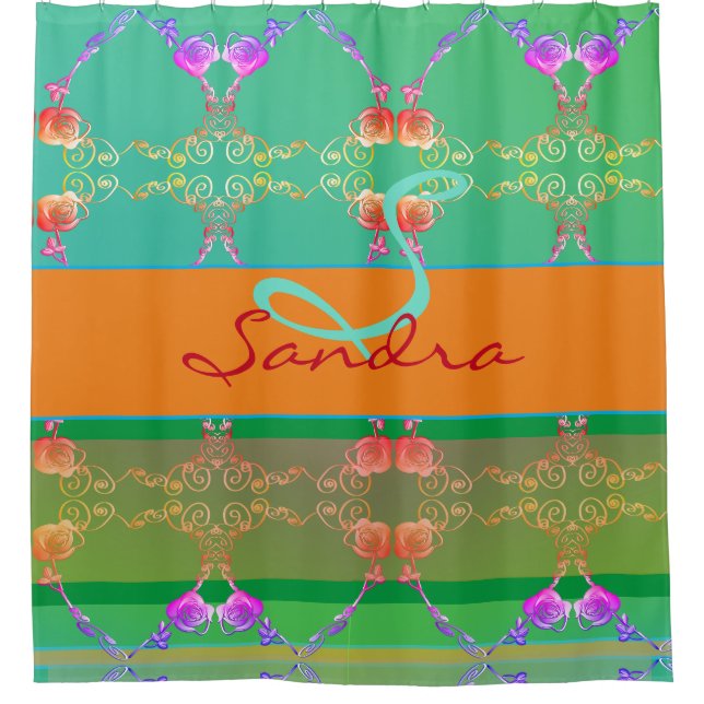 Rideaux De Douche Monogramme Rose Coeur Apricot turquoise et mousse (Devant)
