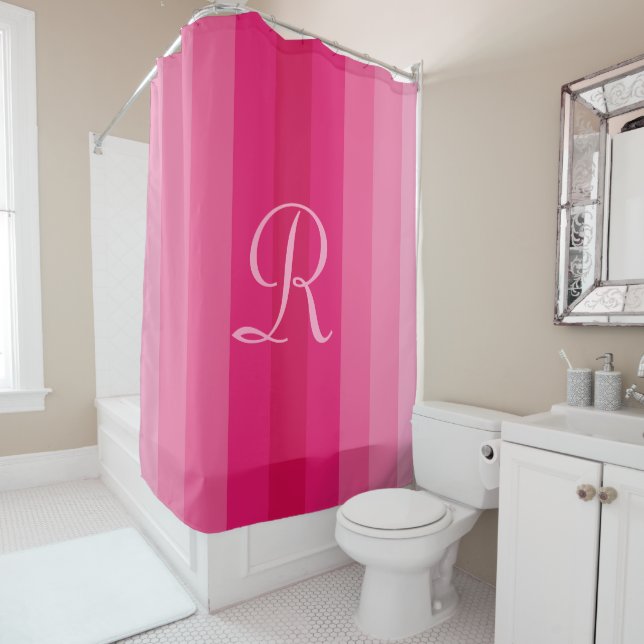 Rideaux De Douche Monogramme rose rayé rose pâle (En situation)