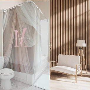 Rideaux De Douche Monogramme rose soie blanche Mariage élégant