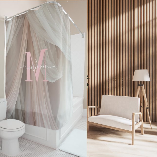 Rideaux De Douche Monogramme rose soie blanche Mariage élégant (Créateur téléchargé)