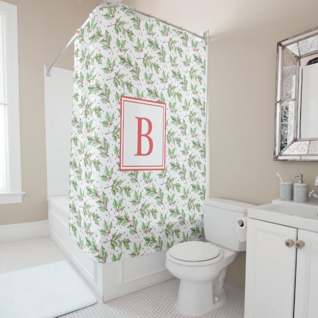 Rideaux De Douche Monogramme rouge | Christmas Holly Berries Spectac (En situation)