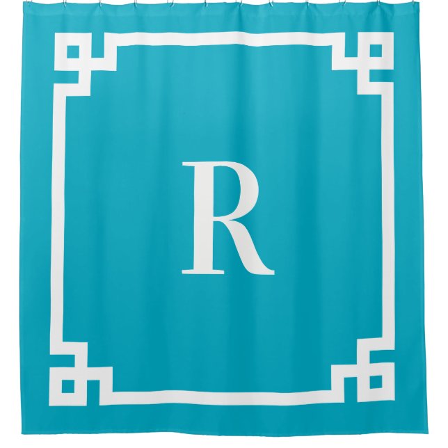Rideaux De Douche Monogramme simple de clé grecque blanche et bleue (Devant)