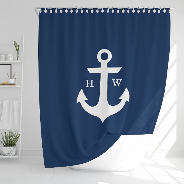 Rideaux De Douche Monogramme tendance Ancre bleu marine (Créateur téléchargé)
