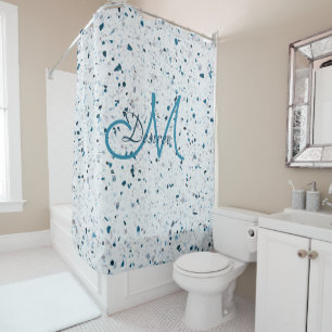 Rideaux De Douche Monogramme Terrazzo Bleu Vert Turquoise Blanc Gris