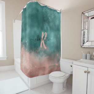 Rideaux De Douche Monogramme Turquoise et doux Pink Ombre Foil
