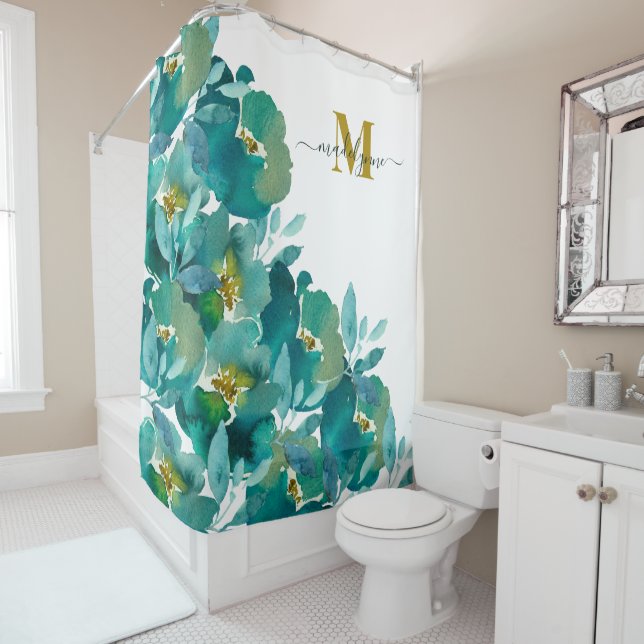 Rideaux De Douche Monogramme turquoise or Nom Aquarelle Floral  (En situation)