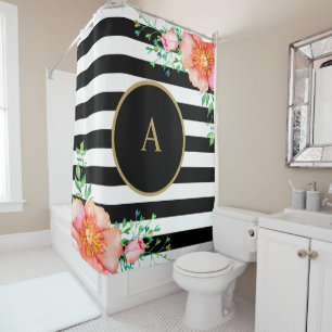 Rideaux De Douche Monogramme Vintage en or noir blanc rayé