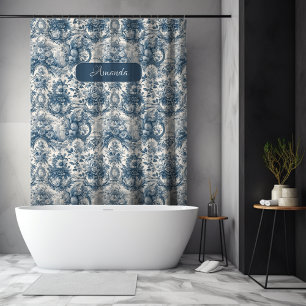 Rideaux De Douche monogramme vintage fleuri Blue toile de jouy