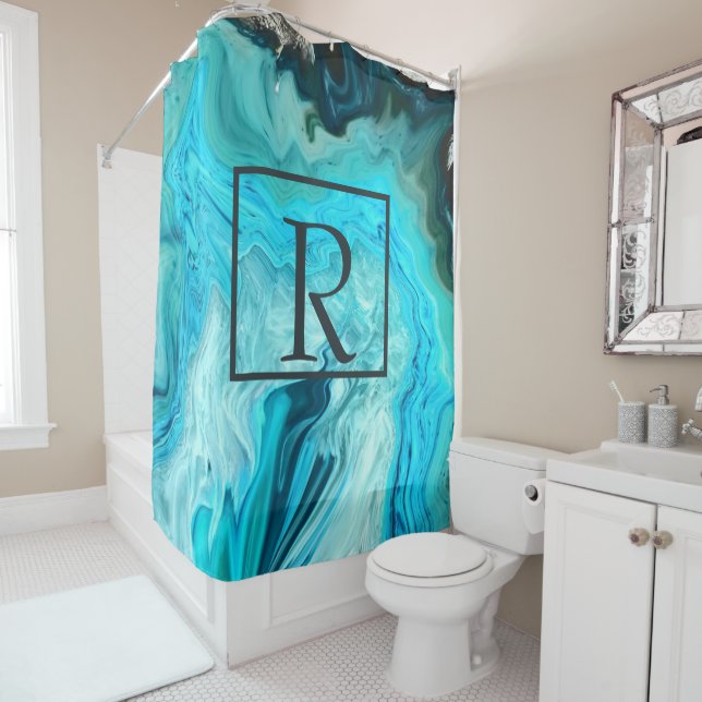 Rideaux De Douche Monogrammes Turquoise Gris blanc Agate Pierre Abst (En situation)