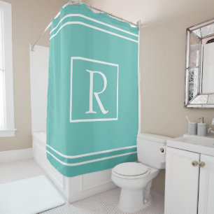 Rideaux De Douche Monogrammes Turquoises Blancs Nom personnalisé In